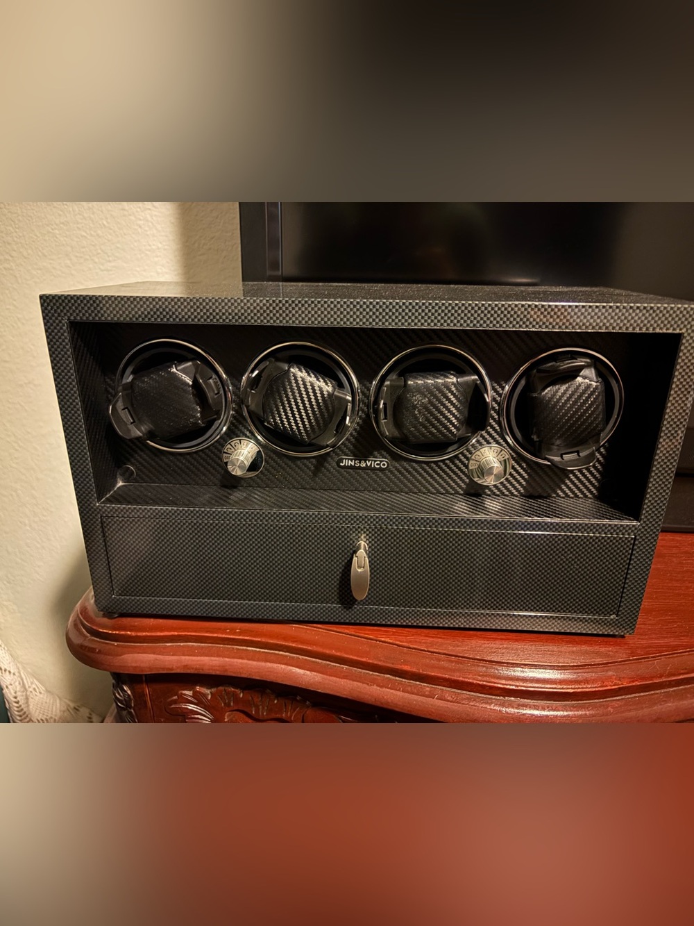 Carbon Fiber Black 4-Watch Winder with Storage Drawer